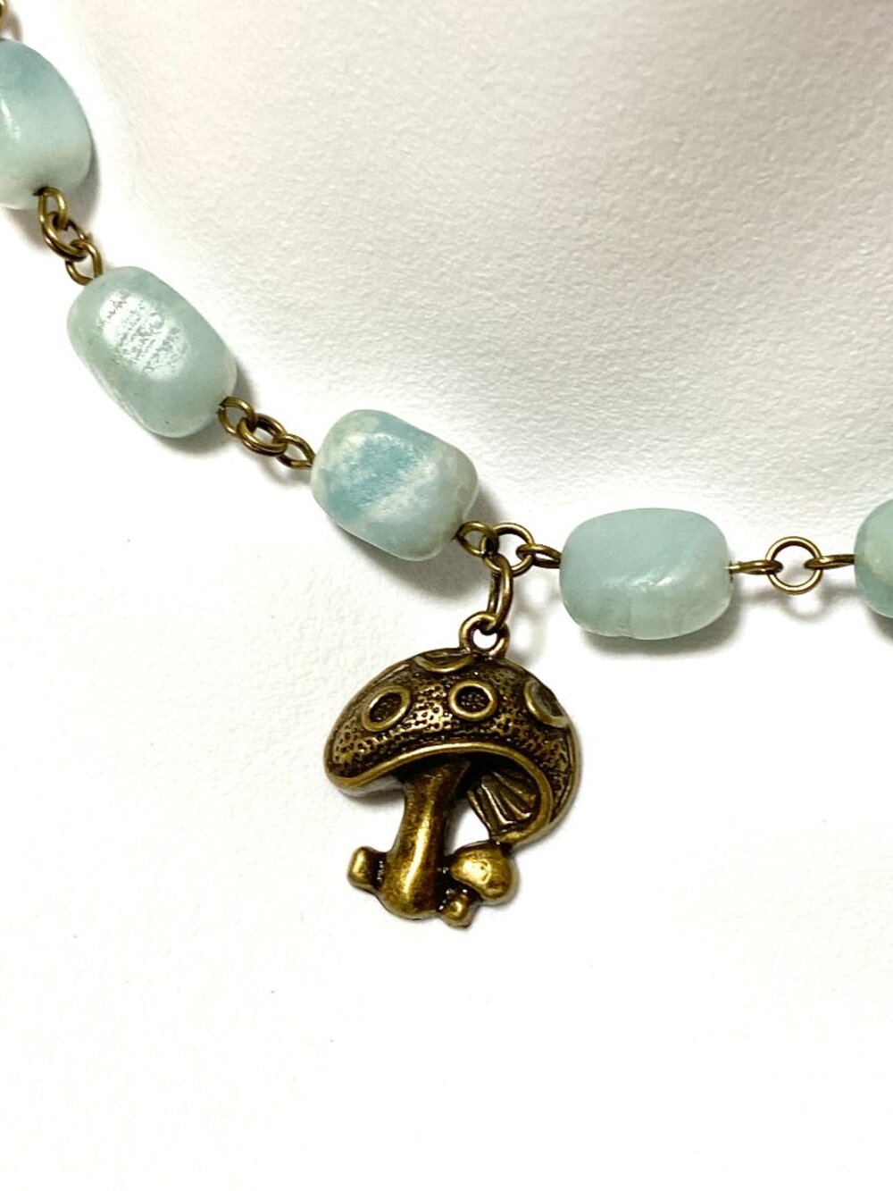 Light Teal Amazonite Short Necklace, Gemstone & Bronze Round Mushroom Charm